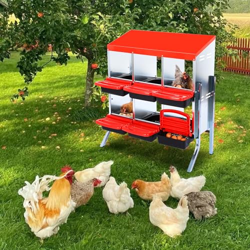 Garvee Chicken Nesting Box, Chicken Laying Box with Egg Collection, Roll Away Nesting Boxes, Metal Egg Laying Boxes for Chickens Coop, Duck Coops and Hens - color: red, size: 6 Compartment
