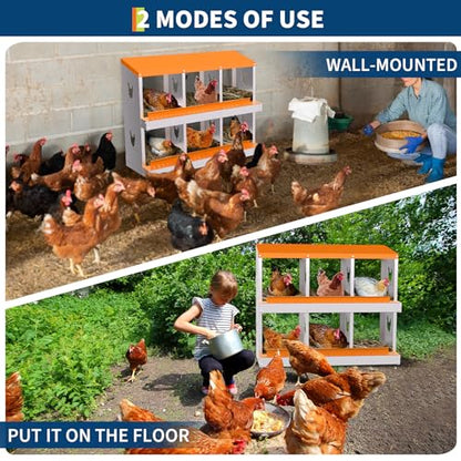 Chicken Nesting Box, 6 Compartment Galvanized Steel Chicken Laying Boxes, Heavy Duty Rustproof Chicken Coop with Easy Egg Collection for Backyard Farms - Wall Mountable, Orange