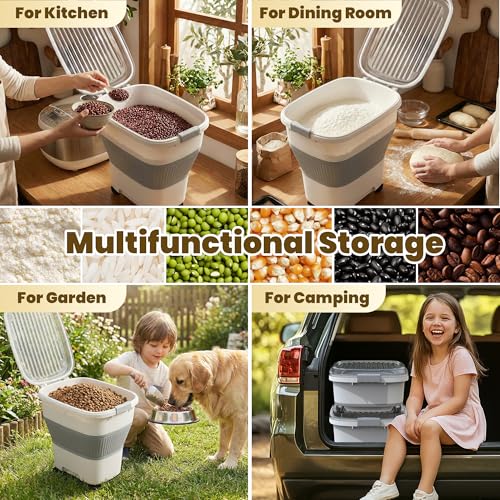 HOYTAMDAR 20-50Lbs Rice Container,Collapsible Food Storage Containers with Airtight Clear Lid,Wheels,Rice Storage Container with Small Bin and Scoop,Rice Dispenser for Flour Sugar Cereal Grain Dog Cat - color: Grey/20-50lbs