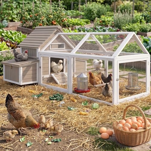 Ketive 83" L Large Chicken Coop with Run for 4-6 Chickens, Expandable Wooden Backyard Hen House Poultry Cage with 4 Reinforced Nesting Boxes, Dual Ramp Doors, Removable Slide-Out Tray, Curved Roof - size: 83.0"L x 58.0"W x 39.5"H