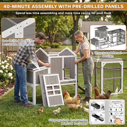 Large 95.3 in Outdoor Chicken Coop with Run & Wheels for 3-6 Chickens | Wooden coop with 3-compartment nesting box, 2 dividers, pull-out tray, UV-resistant roof, predator-resistant wire mesh