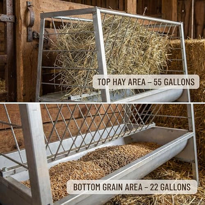Stainless Steel Feeder with Galvanized Trough Hay Rack, 77 Gallon Capacity 60-Inch Length 2 in 1 Hay Feeder for Goats, Sheep and Ponies, Deeper Tray, 33.4-Inch Height for Farms, Sheep Sheds, Pastures