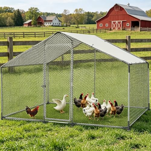 Morngardo Chicken Coop Large Metal Run for 10 Chickens Walk in Yard Poultry Cage Hen House with Waterproof Cover (64 Square Feet) - size: 115.0"L x 76.0"W x 76.0"H