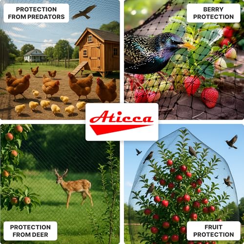 ATICCA Heavy Duty Bird Netting for Garden Protection & Fruit Trees, 25x25 Ft with 10 Stakes – Black Anti-Bird Net for Poultry, Deer, & Squirrel Protection, Durable Mesh for Garden and Yard Use - size: 25x25 Bird Netting