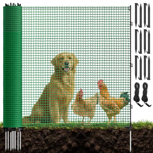4x50FT Temporary Fence with Posts,Plastic Garden Safety Fence with 9 Fiberglass Stake,Windbreak Rope,Ground Peg,Temporary Fence for Backyard Outdoor Animal Protect,Temporary Dog Fence Outdoor - size: 4x50FT