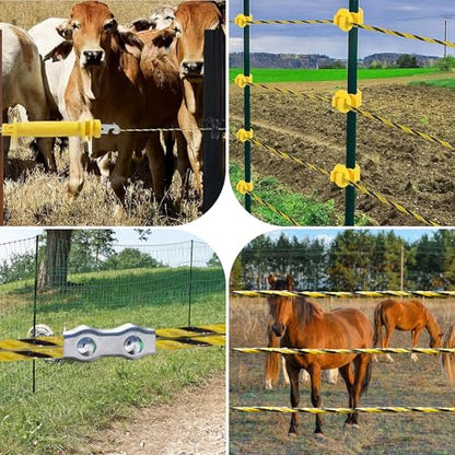 62 Pcs Electric Fence Wire Kit Include 656 ft 200 Meters Electric Fence Polywire, 25 PCS Black Fence Insulator, 25 PCS T Post Insulator, 1 Pcs Insulator Socket Tool, 10 PCS M4 Poly Rope Connectors