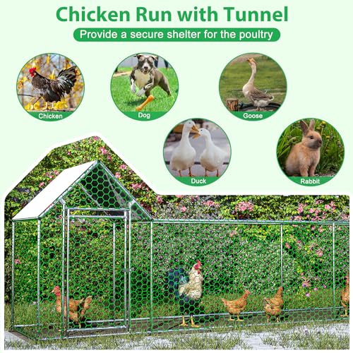 Large Metal Chicken Coop Walk-in Chicken Run Galvanized Wire Poultry Chicken Hen Pen Cage Rabbits Duck Cages with Waterproof and Anti-Ultraviolet Cover for Outside - size: 119.0"L x 42.2"W x 59.6"H