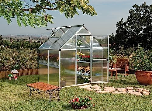Canopia 6x4 Greenhouse with Plant Hangers, Hobby Walk-In Twin-Wall UV Polycarbonate Heavy Duty Aluminum Frame, Lockable Door, Adjustable Roof Vent, Rain Gutters, Galvanized Steel Base, Mythos (Silver) - color: Silver with Plant Hangers, size: 6 Ft. x 4 Ft