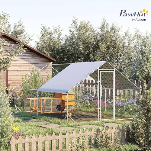 PawHut Large Chicken Coop Metal Chicken Run with Waterproof and Anti-UV Cover, Spire Shaped Walk in Fence Cage Hen House for Outdoor and Yard Farm Use, 1" Tube Diameter, 9.8' x 13.1' x 6.6' - size: 157.5"L x 118.1"W x 78.7"H