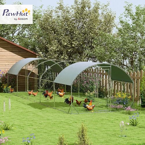 PawHut 9.2' x 31.2' x 6.5' Large Chicken Coop Metal Chicken Run w/Waterproof and Anti-UV Cover, 2 Lockable Doors, Dome Shaped Walk in Hen House for 30-40 Hens, Ducks, Poultry, Outdoor Yard Farm Use - size: 374.0"L x 110.2"W x 77.6"H