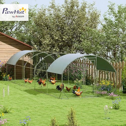 PawHut 9.2' x 31.2' x 6.5' Large Chicken Coop Metal Chicken Run w/Waterproof and Anti-UV Cover, 2 Lockable Doors, Dome Shaped Walk in Hen House for 30-40 Hens, Ducks, Poultry, Outdoor Yard Farm Use - size: 374.0"L x 110.2"W x 77.6"H
