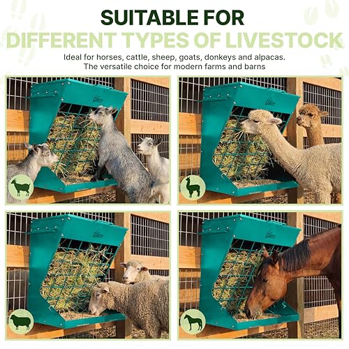 Wall Mount Hay Rack And Hay Feeder For Goats Sheep And Horses, Covered Galvanized Steel Goat Hay Feeder With Hinged Roof, 25 Gallon 2-In-1 No Waste Hanging Holder Grain Bin with hook For Cattle - color: Green