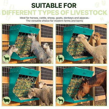 Wall Mount Hay Rack And Hay Feeder For Goats Sheep And Horses, Covered Galvanized Steel Goat Hay Feeder With Hinged Roof, 25 Gallon 2-In-1 No Waste Hanging Holder Grain Bin with hook For Cattle - color: Green