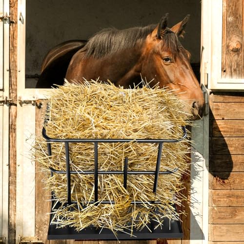 Large Capacity 2-in-1 Hay Feeder with Detachable Grain Tray, Heavy Duty Steel, Wall-Mounted Rack for Goat, Sheep, Horse Livestock, Black