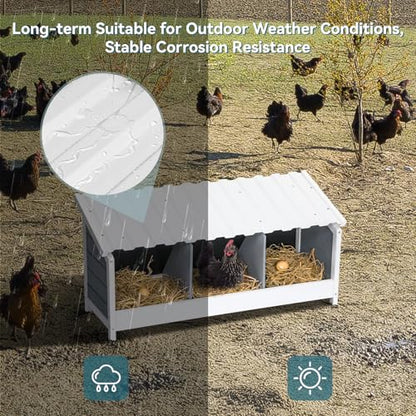 PETSFIT 3 Holes Chicken Nesting Box-All Weather PVC Roof, Natural Wood Design with Privacy Back Panel for Hens-Wall Mounted or Floor Use in Coops, Farms, Backyards,Easy to Assemble and Clean - size: 3 Holes