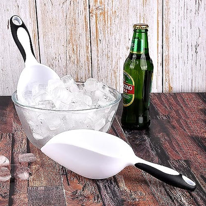 Plastic Ice Scoop 2pcs for Freezer Bin Multipurpose Ice Shovel Scooper for Flour Rice Popcorn Pet Food Soft Rubber Grip Handle - White