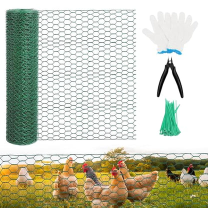 Chicken Wire for Floral Arrangements - Hexagonal Galvanized PVC Coated Poultry Wire Mesh Netting with Gloves, Wire Cutter & Zip Ties for Crafts, Poultry, Gardening Fence (15.7 x 118 lnches) - size: 15.7 x 118 lnches