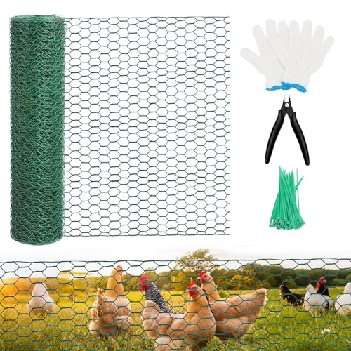 Chicken Wire for Floral Arrangements - Hexagonal Galvanized PVC Coated Poultry Wire Mesh Netting with Gloves, Wire Cutter & Zip Ties for Crafts, Poultry, Gardening Fence (15.7 x 393 lnches) - size: 15.7 x 393 lnches