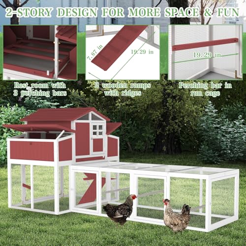 Gowoodhut 115.36" L 2-Story Chicken Coop with Extra Run Cage,Chicken House Hen House with 2 Large Nesting Boxes,Expandable Poultry Cage for 4-6 Chicken with 4 Perching Bars,Pull-Out Tray,Ramps(RED) - size: PET85+Extra Run Cage-Red