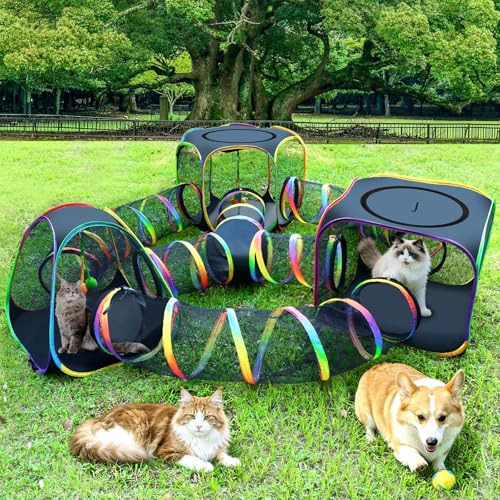 CypherX Outdoor Rainbow Cat Enclosure, 7-in-1 Portable Pop Up Cat Tents and Tunnels for Outside, Outdoor Catio Mesh Pet Playpen House, Large Playground for Large Cats and Other Animals - size: 7 in 1 Kingdom(18"W)