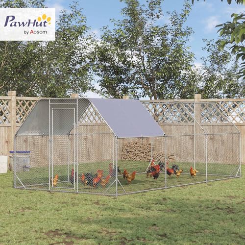 PawHut Large Chicken Coop Metal Chicken Run with Waterproof and Anti-UV Cover, Flat Shaped Walk in Fence Cage Hen House for Outdoor and Yard Farm Use, 1" Tube Diameter, 9.2' x 18.7' x 6.4' - size: 9.2' x 18.7' x 6.4'