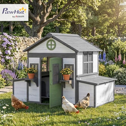 PawHut Wooden Chicken Coop, Hen House for 2-4 Hens, Outdoor Playhouse Poultry Cage with 2 Nesting Boxes, Waterproof Roof, Windows, Chicken Hutch for Farm Backyard, 72" x 50" x 54", White - color: White