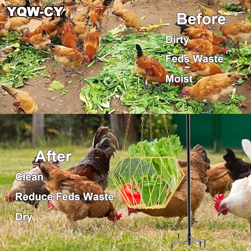 Hanging Chicken Feeder with Shepherd's Hook, Foldable Chicken Vegetable Feeder, Golden Poultry Fruits Feeding Holder Basket with Hanging Chain for Chicken Coop Accessory - color: Hanging Chicken Feeder with Hook