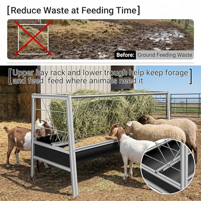77Gal Pasture Hay Feeder, 2-in-1 Multi-Functional Livestock Feeder, Elevated & Stable Stainless Frame with Rubber Liner Container, Large Volume for Farm Ranch Kinds of Livestock