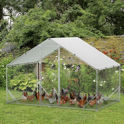Large Metal Chicken Coop, Walk-In Poultry Cage, Chicken Run Pen House With Reinforcement & Waterproof & Anti-Ultraviolet Cover Chicken Coop Run With Double Lockable Doors for Outdoor 9.8 x 19.7X 6.6ft
