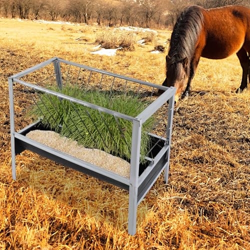Livestock Feed Trough, 2-in-1 Galvanized Steel Grain & Hay Feeder for Goats Sheep, Large Capacity Floor Standing Feed Trough with Anti-Snag Design for Farm Animals (Black)