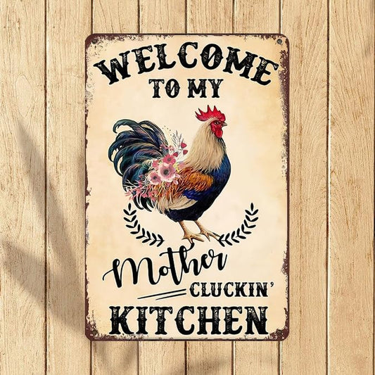 Retro Funny Chicken Tin Sign,Vintage Chicken Coop Metal Poster, Farm Wall Art Decor for Outdoor Home Fence Kitchen Bedroom,Gifts 8×12 Inches (WELCOME TO MY KITCHEN) - color: WELCOME TO MY KITCHEN