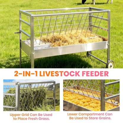 Goat Feeder with Wheels, 2-in-1 Galvanized Steel Livestock Feeder with 50 Gallon Grain Pan, Heavy Duty Hay Feeder for Goats, Pasture Horses & Pig Feeder, Silver (Silver) - color: Silver