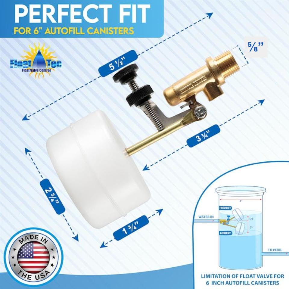 Float Tec Control Devices T26 EZ Adjustment Brass Float Valve 3/8" NPT Male Threads 3" Arm Autofill, Water Filler Leveler, Pools, Spas, Water Tanks, Water Foutain Fit 6" Canister