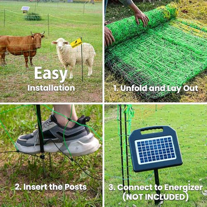 Electric Fence Netting, 49.6" H x 164'L Portable Livestock Nets, Electric Fence Kit with 14 Posts Double Spiked, PE Net Fencing for Cattle, Sheep, Goat, Hogs, Used in Backyards, Farms and Ranches