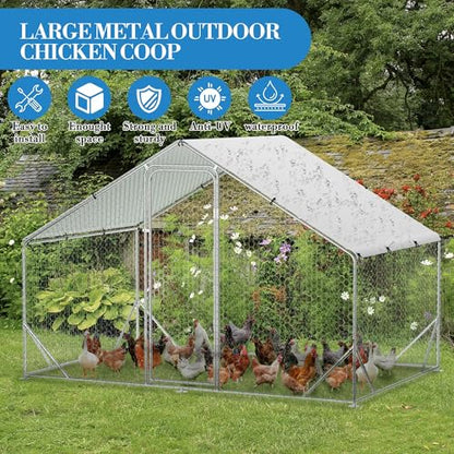 Large Metal Chicken Coop, Walk-In Poultry Cage, Chicken Run Pen House With Reinforcement & Waterproof & Anti-Ultraviolet Cover Chicken Coop Run With Double Lockable Doors for Outdoor 9.8 x 19.7X 6.6ft