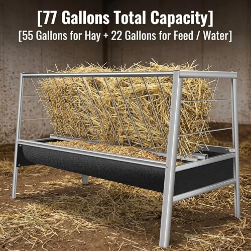 Livestock Feeder, Stainless Steel Goat Feeder for Goats Sheep Horses and Calves, 77 Gallon Hay Feeder with Rubber Trough Livestock Feeder