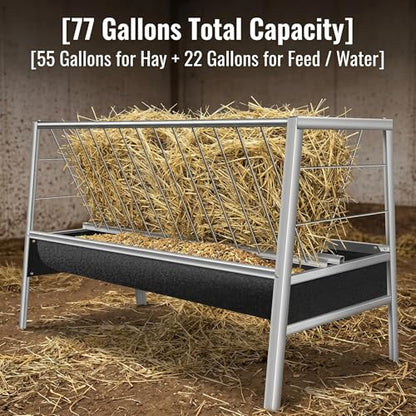Livestock Feeder, Stainless Steel Goat Feeder for Goats Sheep Horses and Calves, 77 Gallon Hay Feeder with Rubber Trough Livestock Feeder