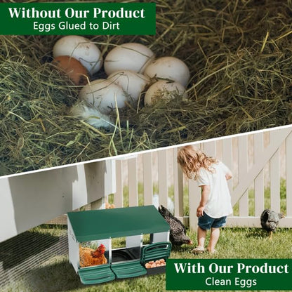 Chicken Nesting Box, 3 Compartments Metal Chicken Laying Boxes with Roll Out Egg Collection, Plastic Fake Eggs, Install Accessories and Gloves for Hens/Goose/Duck/Rabbit, Green