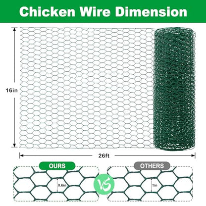 Chicken Wire Fencing,PVC Coated 16inx26ft Hexagonal Mesh Protector Plants Wire for Poultry,Duck,Floral Garden Vegetables Barrier Fence Netting - size: 16inx26ft/16inx315in