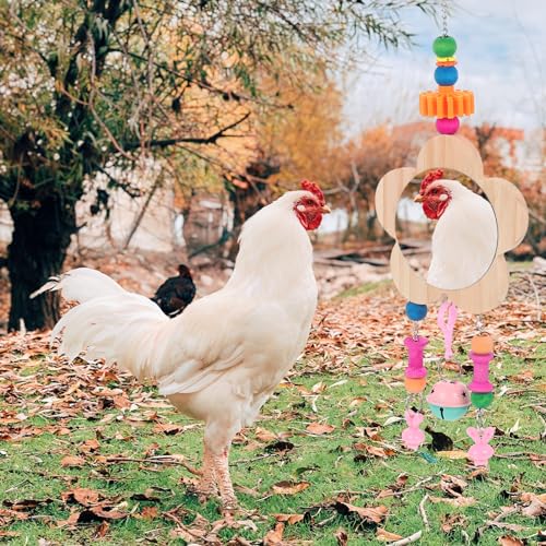 POPETPOP Rooster Hanging Mirror Toy Bell Pendant Interactive Pet Supplies for Chicken Coop Promotes Activity and Reduces Loneliness Easy to Install Random Accessories
