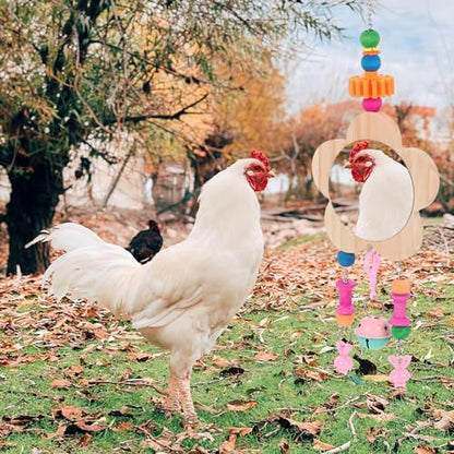 POPETPOP Rooster Hanging Mirror Toy Bell Pendant Interactive Pet Supplies for Chicken Coop Promotes Activity and Reduces Loneliness Easy to Install Random Accessories