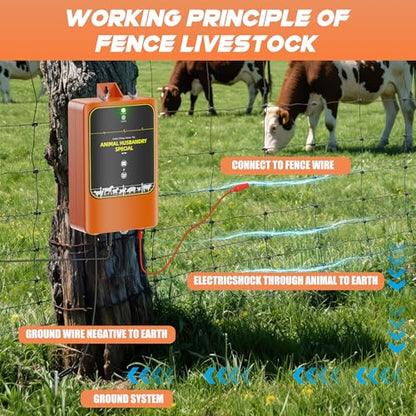 10-Mile Livestock Electric Fence, 12W Solar Panel Fast Charging,24-Hour uninterrupted Discharge to Drive Away Wild Animals, Built-in Large-Capacity Battery, can Last for X Hours (Orange Color)