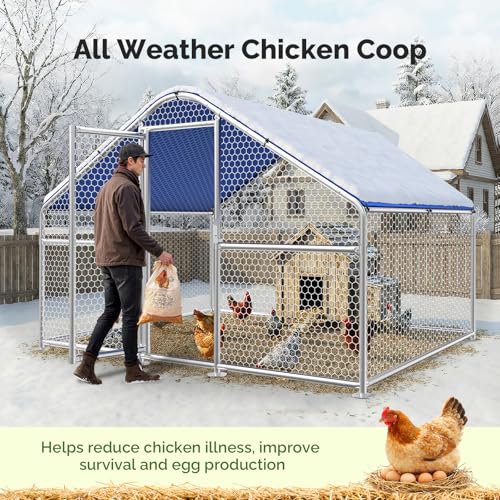 Large Metal Chicken Coop with Hexagonal Chicken Wire, Chicken Coop Run Pen for Yard with Waterproof Cover, Outdoor Large Walk-in Chicken Coops for 8 Chickens Duck Pen House Cage Run - size: 78.7"L x 78.7"W x 74.8"H