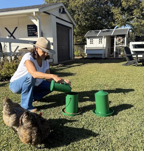 Zylina Powder Coated Green Metal Chicken Waterer 1 Gallon/Feeder 9 lbs/Scoop Combo Pack