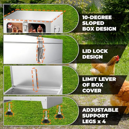 25 lbs 4-Port Automatic Chicken Feeder Box with Locking Lid&Riveted Handles,Chicken Feeder No Waste, Adjustable Legs for Chickens, Poultry Coop,Large Capacity Rainproof Metal Chicken Feeders - size: 25LBS