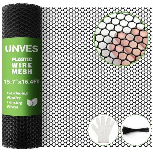 Unves Chicken Wire Plastic Mesh, 15.7IN x 16.4FT Fencing for Poultry Floral Dogs Rabbit Pets Barrier Netting, 0.35" Mesh Hexagonal Plastic Fence Roll, Black - color: Black, size: 15.7 IN x 16.4 FT