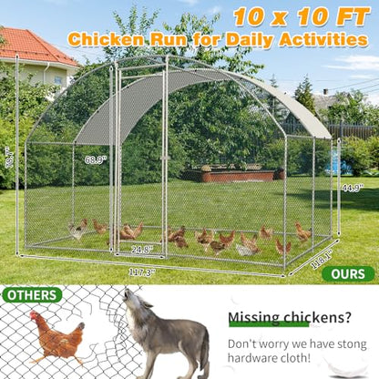 Outvita Large Metal Chicken Coop, 10×10FT Walk-in Poultry Cage with Waterproof & Anti-UV Round Arch Cover, Duck Rabbit Hen Cage Galvanized Mesh for Outdoor Yard Backyard and Farm - size: 120.0"L x 120.0"W x 78.0"H
