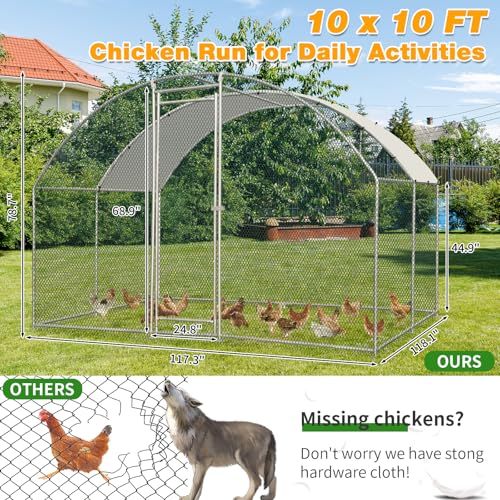 Outvita Large Metal Chicken Coop, 10×10FT Walk-in Poultry Cage with Waterproof & Anti-UV Round Arch Cover, Duck Rabbit Hen Cage Galvanized Mesh for Outdoor Yard Backyard and Farm - size: 120.0"L x 120.0"W x 78.0"H