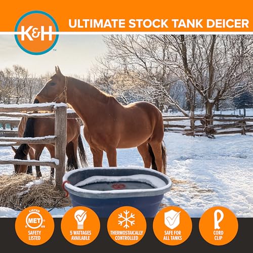K&H Thermostatically Controlled Stock Tank Deicer – Floating or Submersible Livestock Water Heater with Protective Cage & Cord Clip – Safe for Plastic, Rubber & Metal Tanks - 1000 Watt - size: 1000 Watts