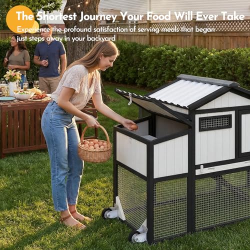 65" Chicken Coop with 2 Wheels and Handle, 2-Story Mobile Wooden Hen House with Nesting Box, Sloped Roof, Removable Tray, Outdoor Poultry Cage for Chickens, Ducks & Rabbits - size: 65.0"L x 26.0"W x 39.0"H